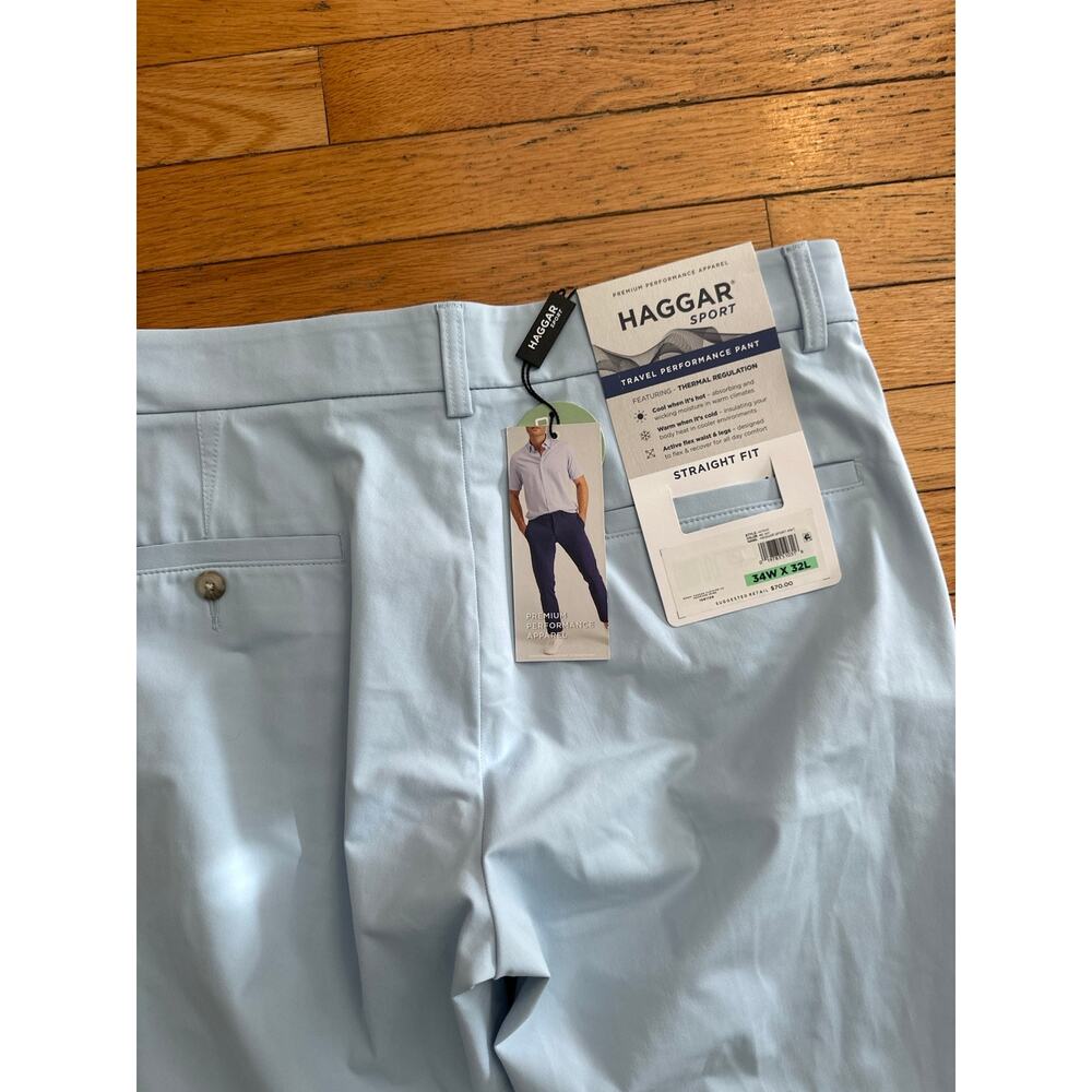 NWT Haggar Sport Travel Performance Pants Mens 34x32 Light Blue Straight Fit - Picture 2 of 5